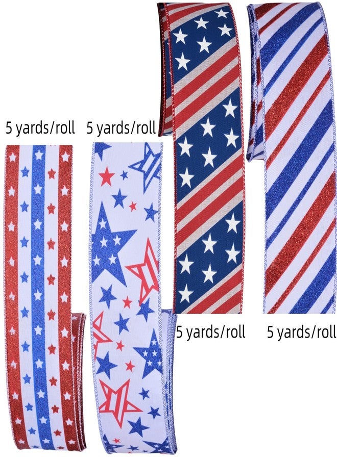 Meseey 4 Rolls Total 20 Yards Patriotic Wired Ribbon Bulk Pack - Stars & Stripes Edge for Memorial Day, 4th of July Wreaths, Parade Decor - Image 2